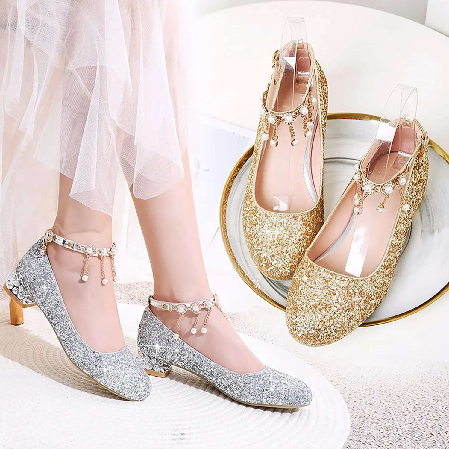 Girls Mary Jane Dress Shoes Rhinestones Pearls Flower Girl Wedding Low Heels Toddler Little Dress up Shoes for Girls