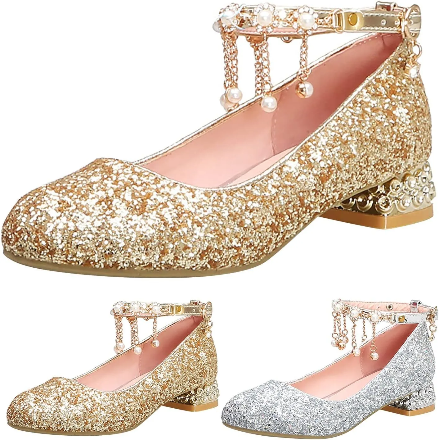 Girls Mary Jane Dress Shoes Rhinestones Pearls Flower Girl Wedding Low Heels Toddler Little Dress up Shoes for Girls