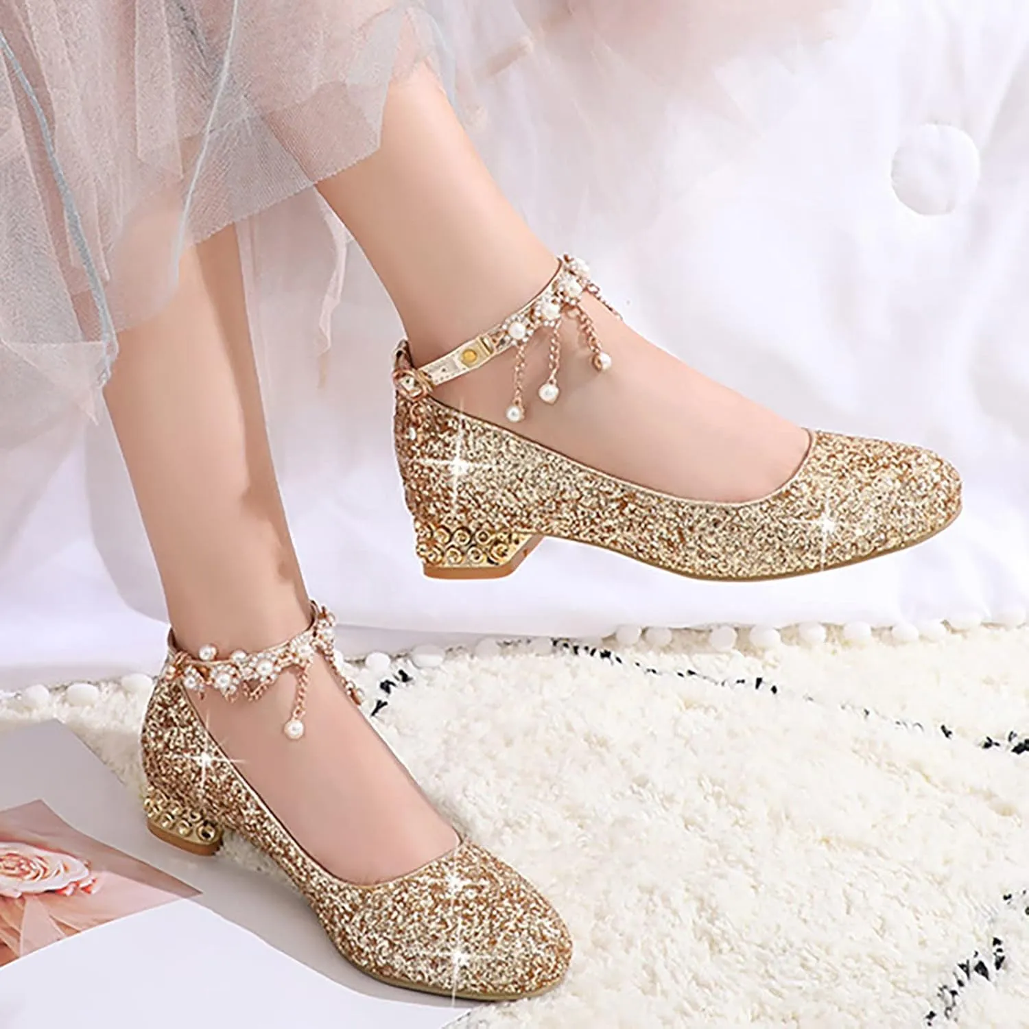 Girls Mary Jane Dress Shoes Rhinestones Pearls Flower Girl Wedding Low Heels Toddler Little Dress up Shoes for Girls