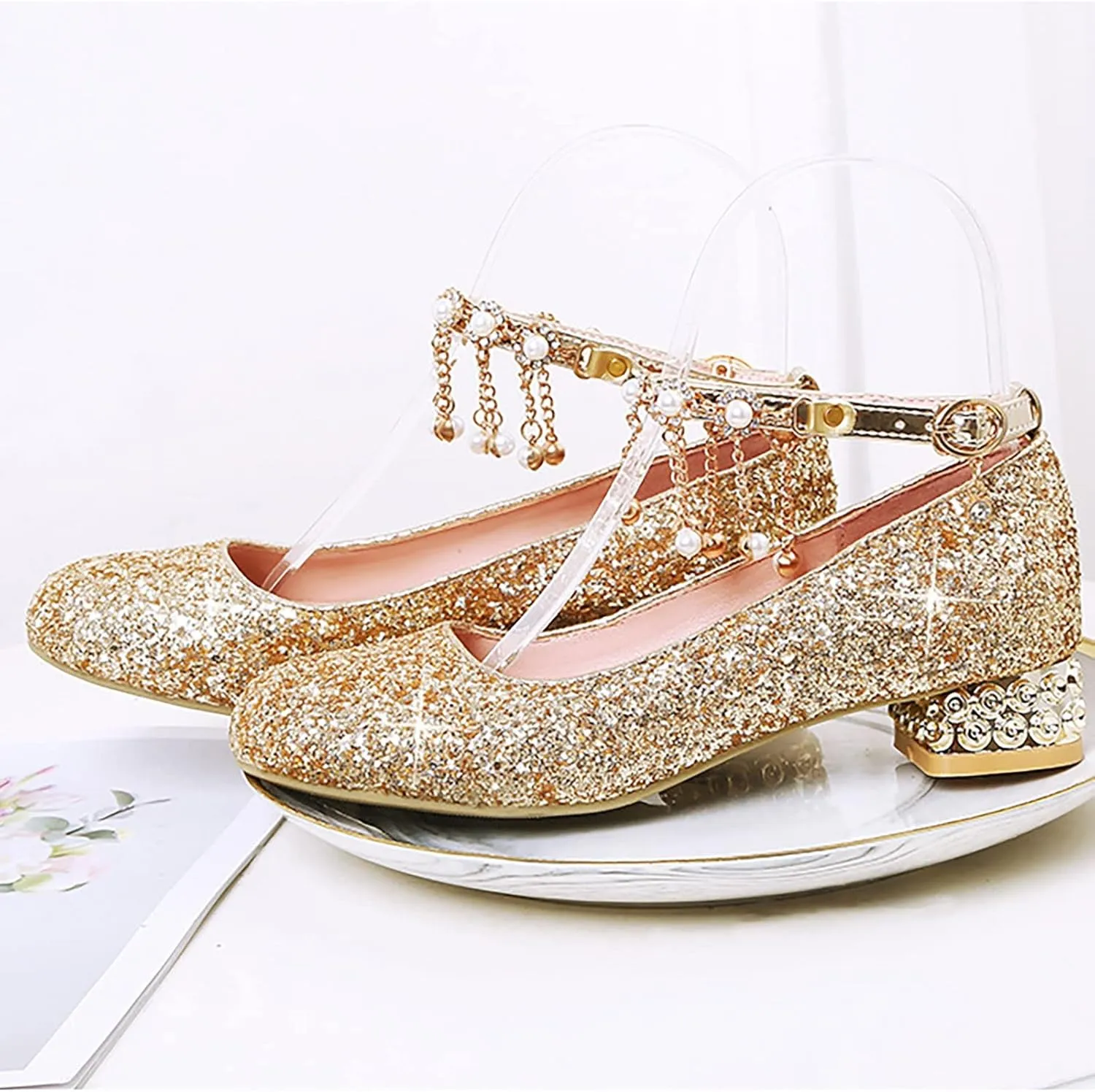 Girls Mary Jane Dress Shoes Rhinestones Pearls Flower Girl Wedding Low Heels Toddler Little Dress up Shoes for Girls