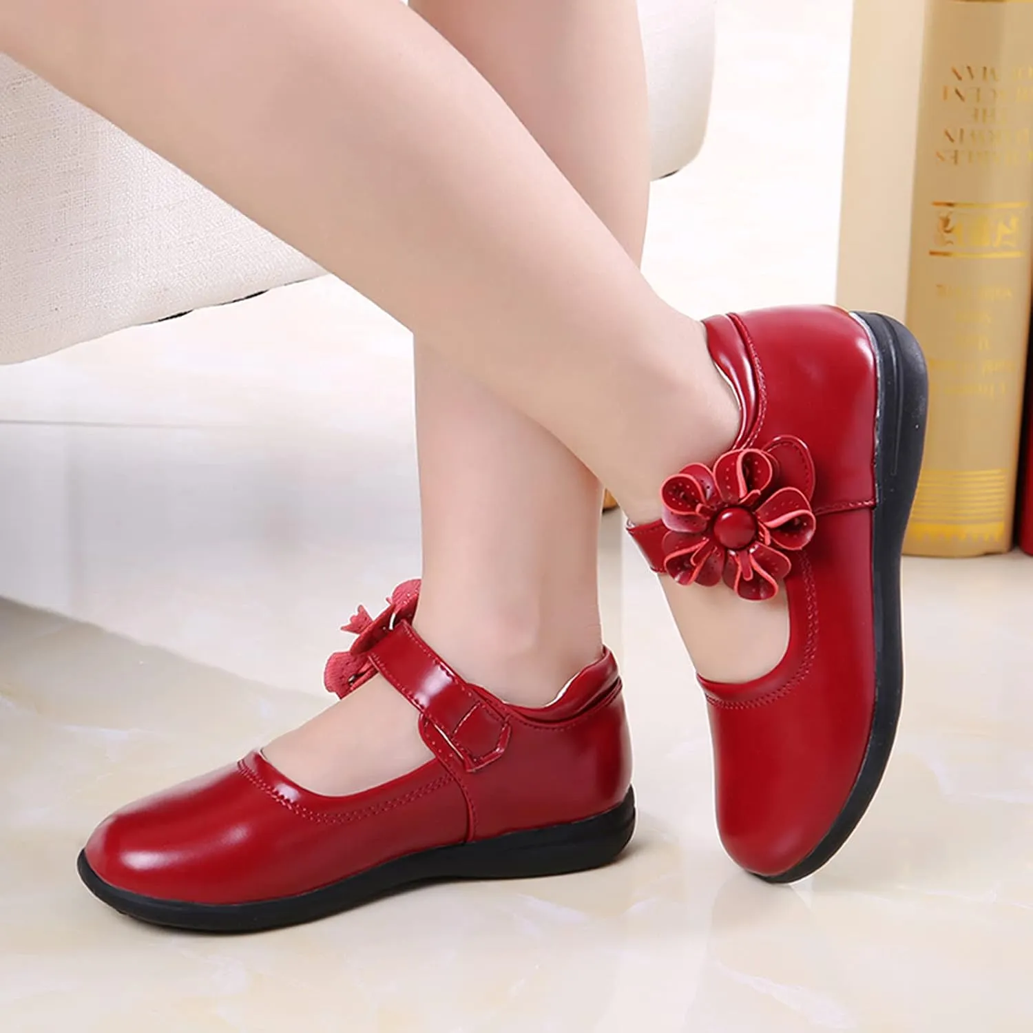 Girls Mary Jane School 𝗨niform Shoes Non-Slip Hook and Loop Princess Flower Flat𝘀 for Birthday Wedding Par𝘁y