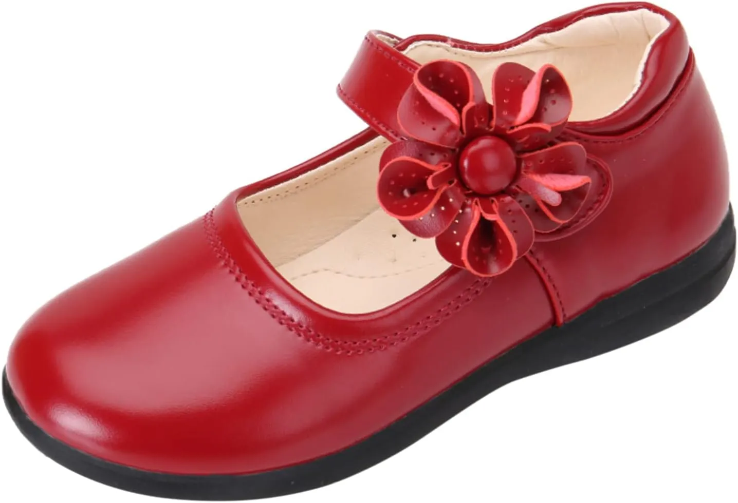 Girls Mary Jane School 𝗨niform Shoes Non-Slip Hook and Loop Princess Flower Flat𝘀 for Birthday Wedding Par𝘁y