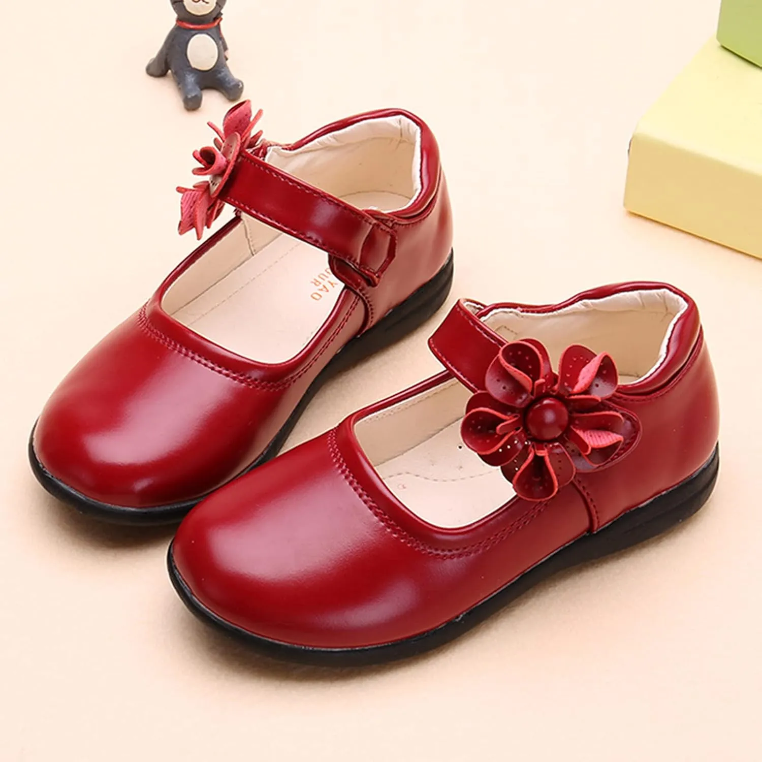 Girls Mary Jane School 𝗨niform Shoes Non-Slip Hook and Loop Princess Flower Flat𝘀 for Birthday Wedding Par𝘁y