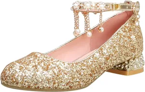 Girls Sparkly Mary Jane Low Heel Dress Shoes Bridesmaids Glitter Shiny Closed Bunny Slippers for Girls Size 13