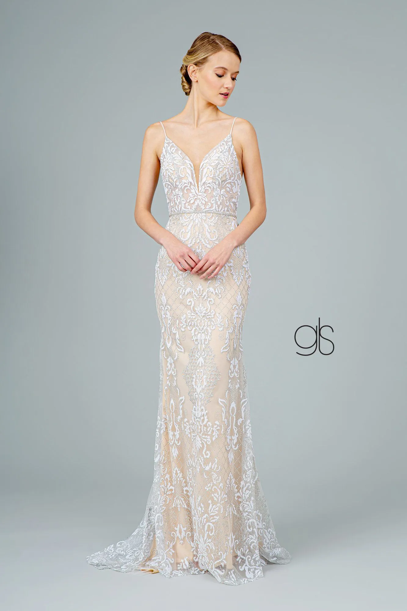 Glitter Embroidered Long Fitted V-Neck Dress by Elizabeth K GL2990