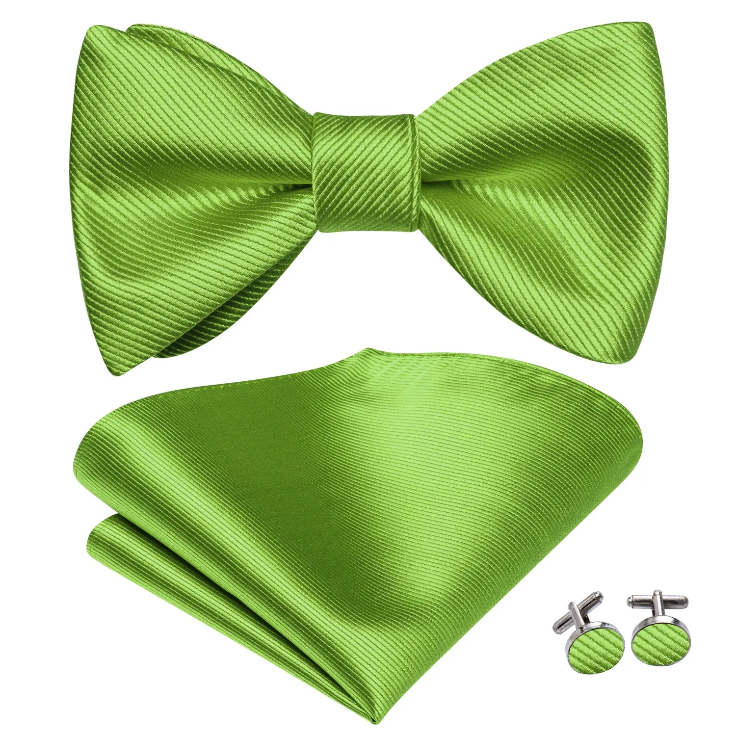 Green Striped Silk Self-tied Bow Tie Pocket Square Cufflinks Set