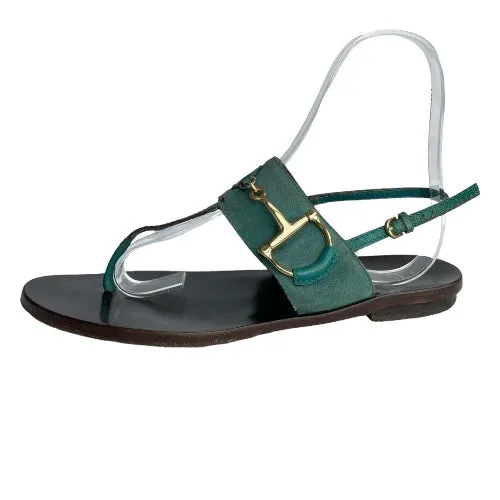 GUCCI Teal Green Nubuck & Leather Horsebit Buckle Flat Thong Sandals, Size 38.5