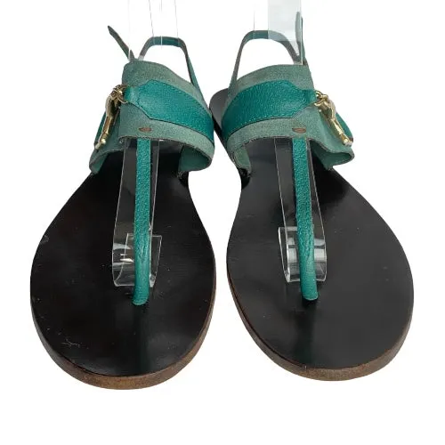 GUCCI Teal Green Nubuck & Leather Horsebit Buckle Flat Thong Sandals, Size 38.5