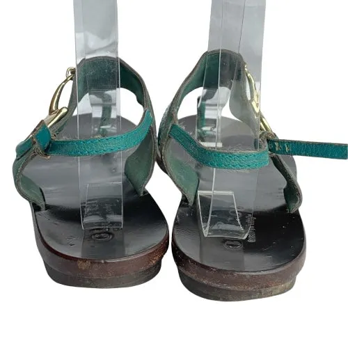 GUCCI Teal Green Nubuck & Leather Horsebit Buckle Flat Thong Sandals, Size 38.5
