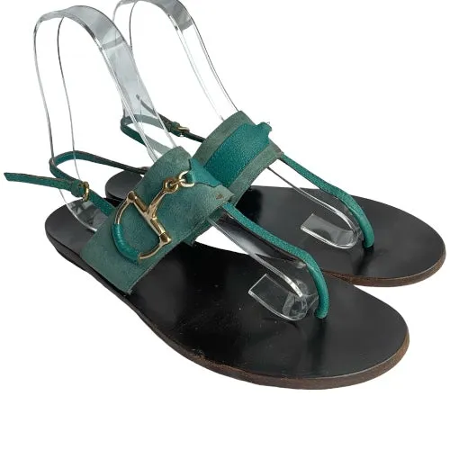 GUCCI Teal Green Nubuck & Leather Horsebit Buckle Flat Thong Sandals, Size 38.5