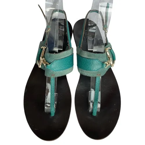 GUCCI Teal Green Nubuck & Leather Horsebit Buckle Flat Thong Sandals, Size 38.5