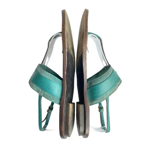 GUCCI Teal Green Nubuck & Leather Horsebit Buckle Flat Thong Sandals, Size 38.5