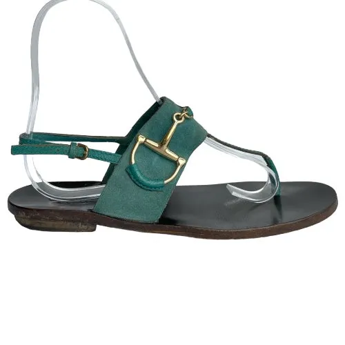 GUCCI Teal Green Nubuck & Leather Horsebit Buckle Flat Thong Sandals, Size 38.5