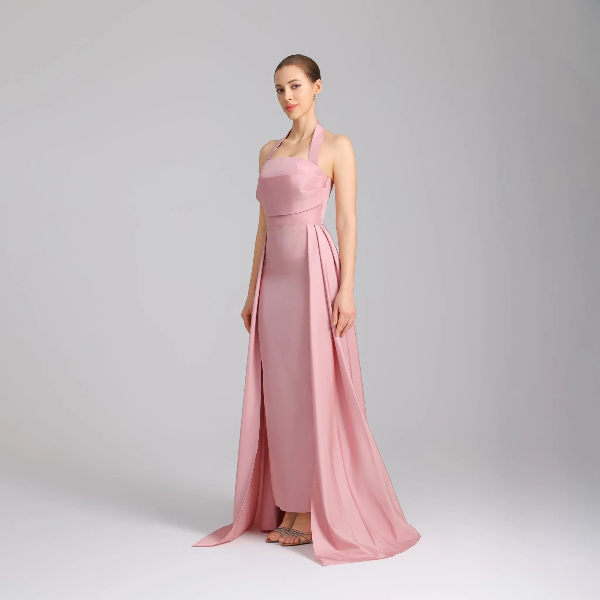 Halter Neck taffeta Maxi Dress Light Pink