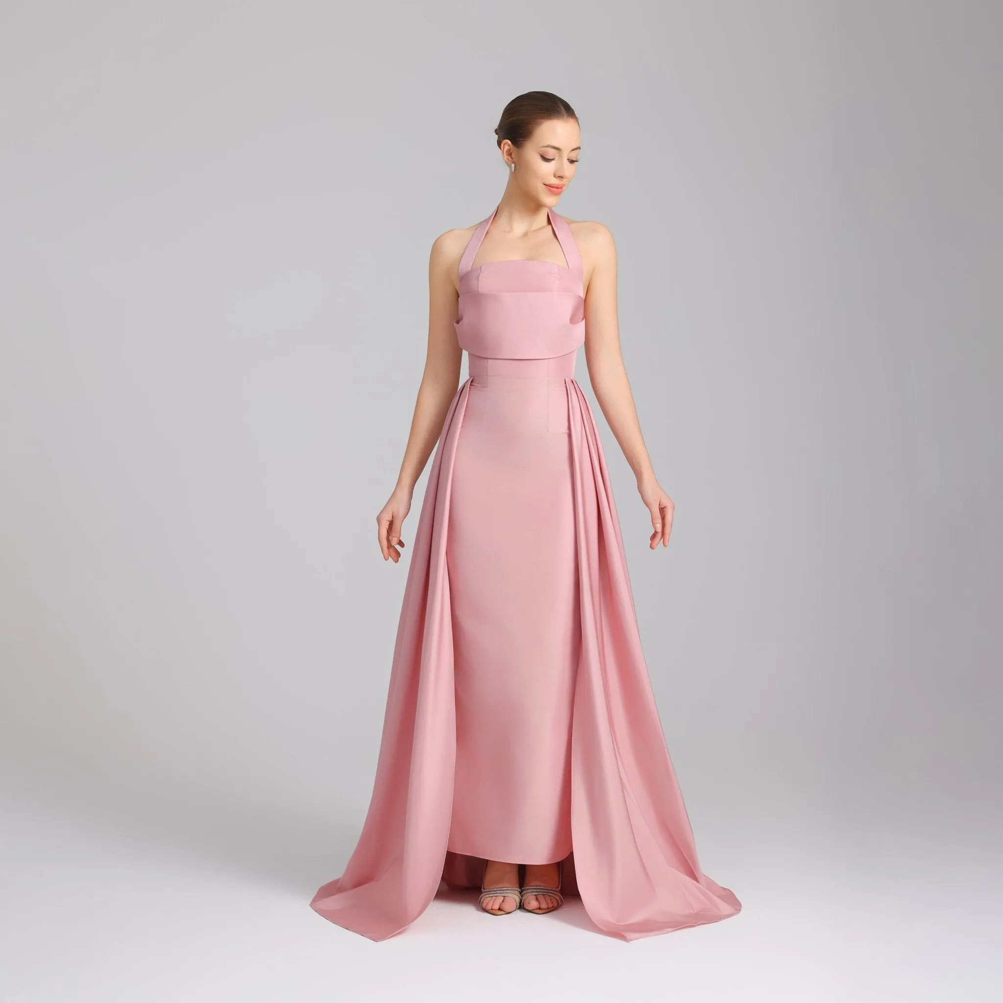 Halter Neck taffeta Maxi Dress Light Pink