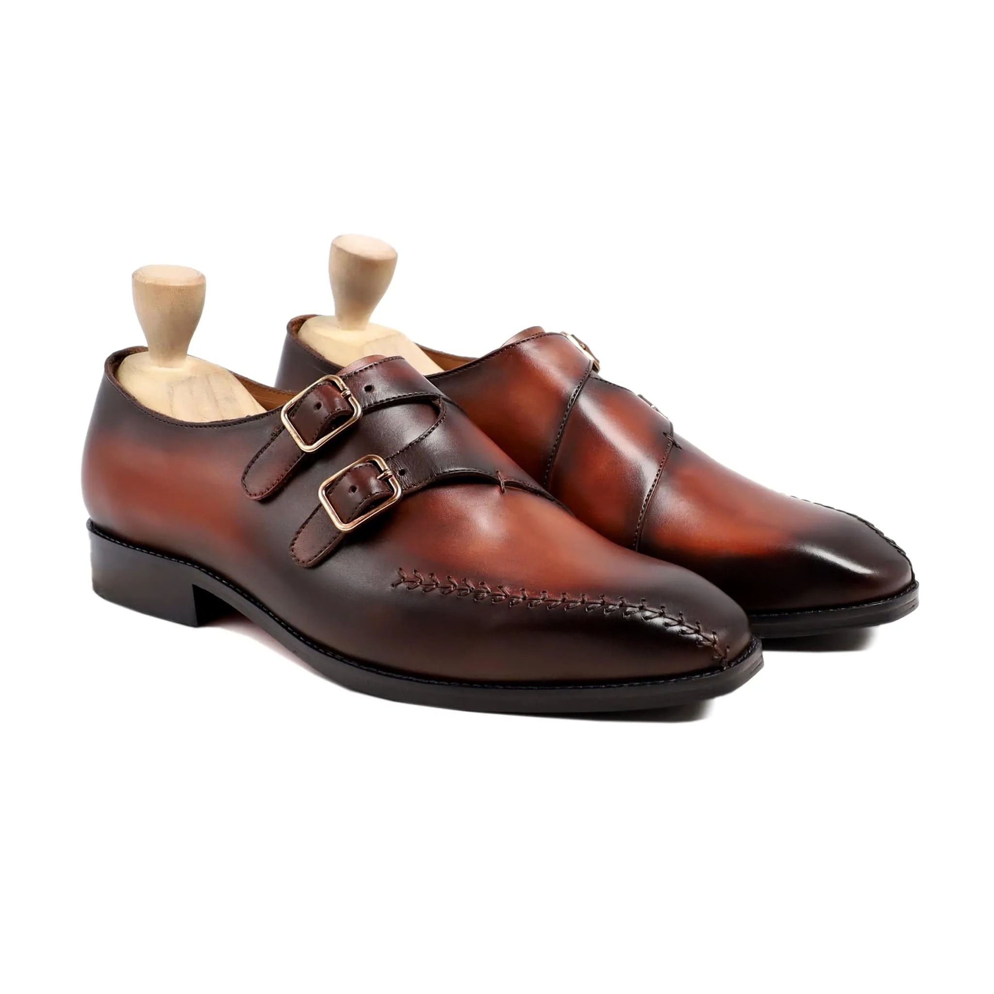 Handmade Custom Men's Burnished Brown Patina Double Monkstrap Shoes