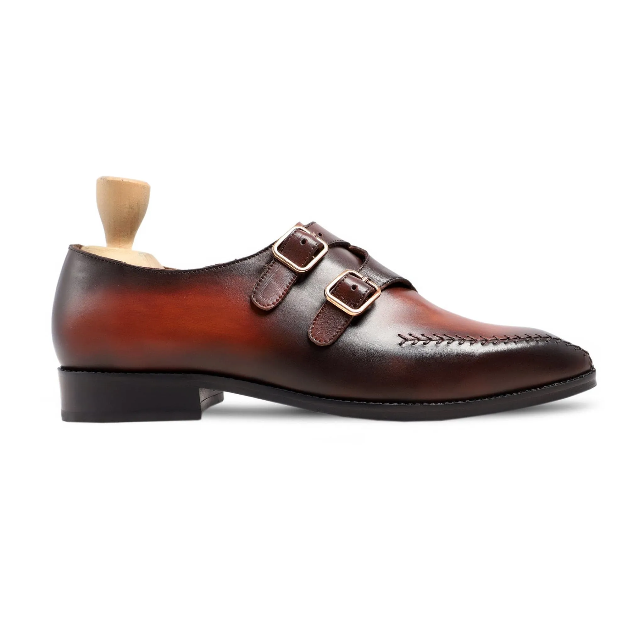 Handmade Custom Men's Burnished Brown Patina Double Monkstrap Shoes