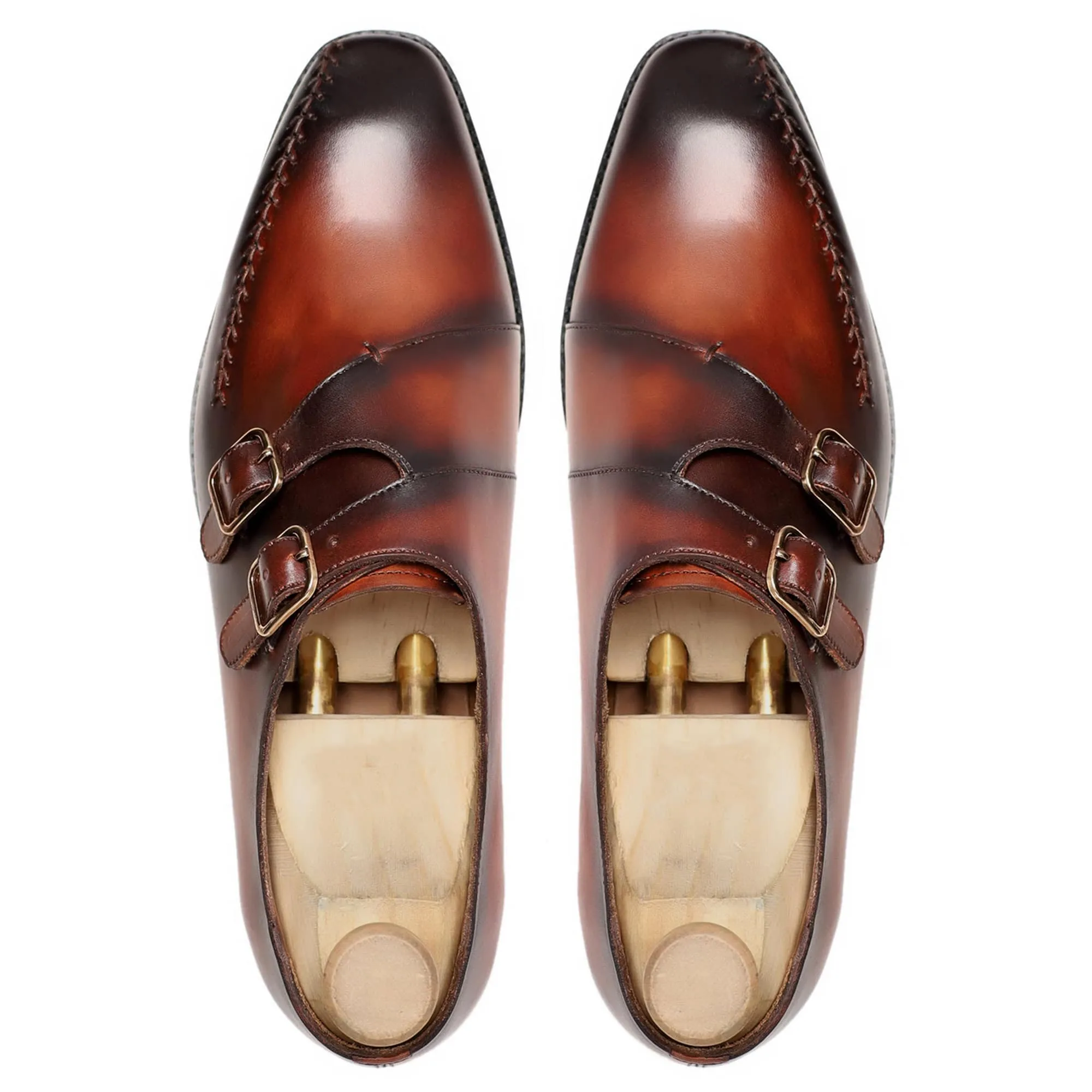 Handmade Custom Men's Burnished Brown Patina Double Monkstrap Shoes