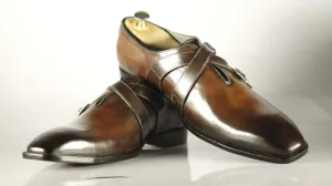 Handmade Men's Brown Leather Double Monk Strap Shoes, Men Dress Formal Shoes