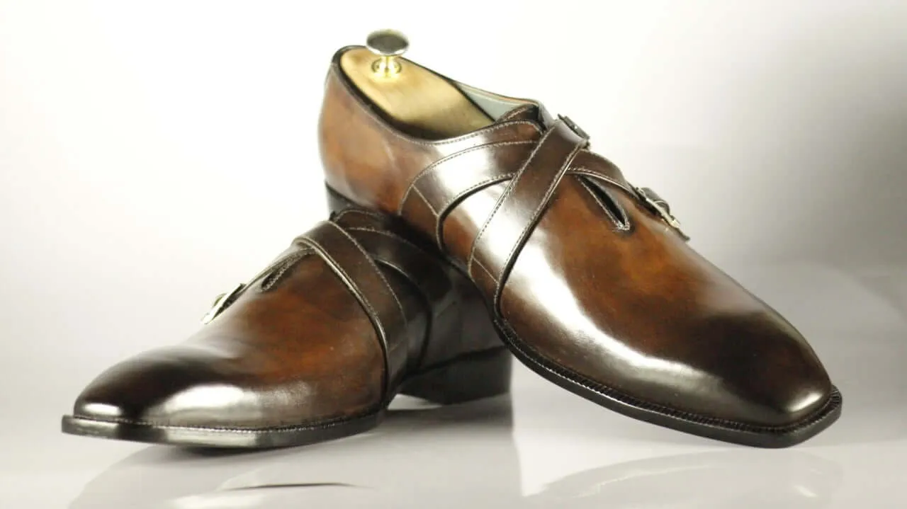 Handmade Men's Brown Leather Double Monk Strap Shoes, Men Dress Formal Shoes