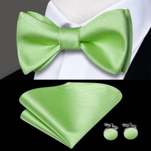 Hi-Tie Apple Green Striped Silk Self-tied Bow Tie Hanky Cufflinks Set