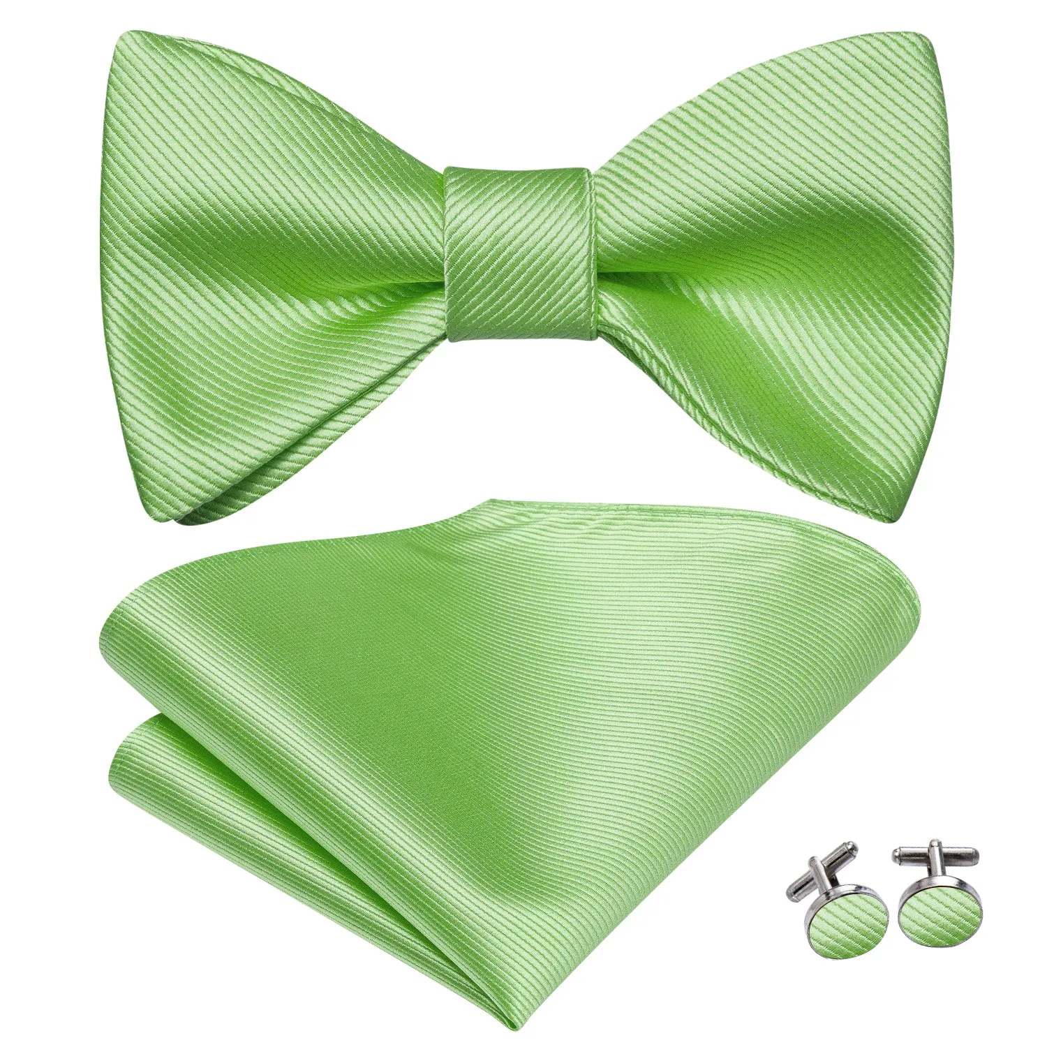 Hi-Tie Apple Green Striped Silk Self-tied Bow Tie Hanky Cufflinks Set