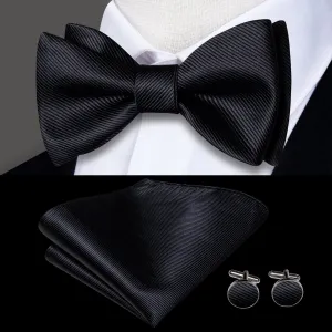 Hi-Tie Black Striped Silk Self-tied Bow Tie Pocket Square Cufflink Set