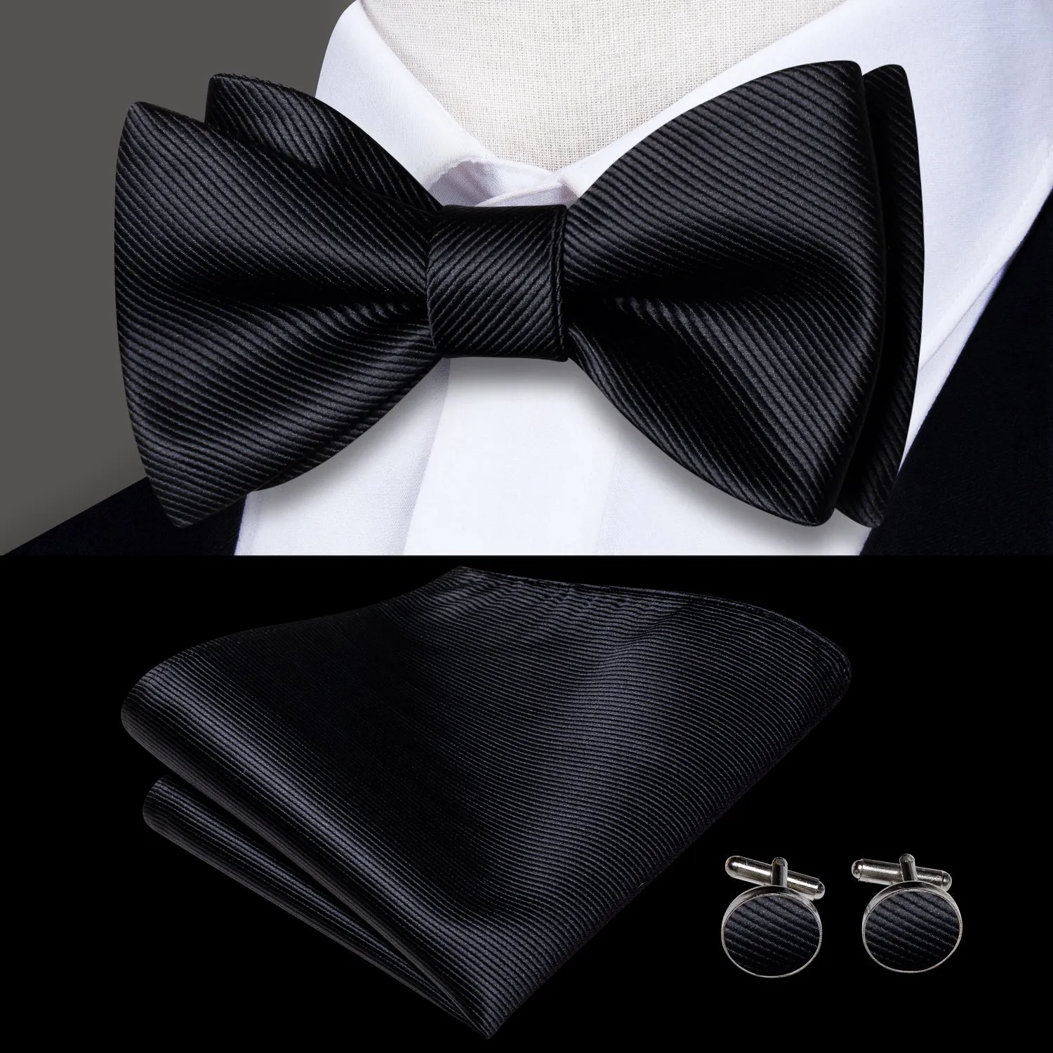 Hi-Tie Black Striped Silk Self-tied Bow Tie Pocket Square Cufflink Set