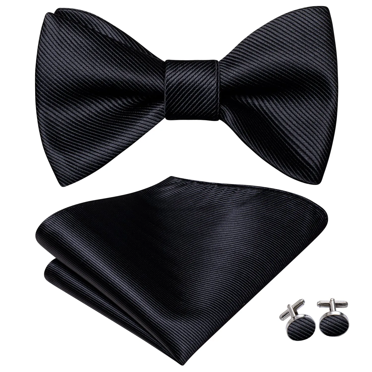 Hi-Tie Black Striped Silk Self-tied Bow Tie Pocket Square Cufflink Set