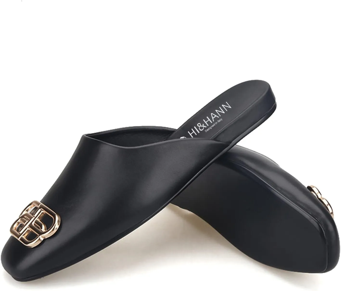 HI&HANN Handcrafted Black Calfskin Men's Mules British Style Luxurious Metal Buckle Men Slippers Party and Dress Sandal