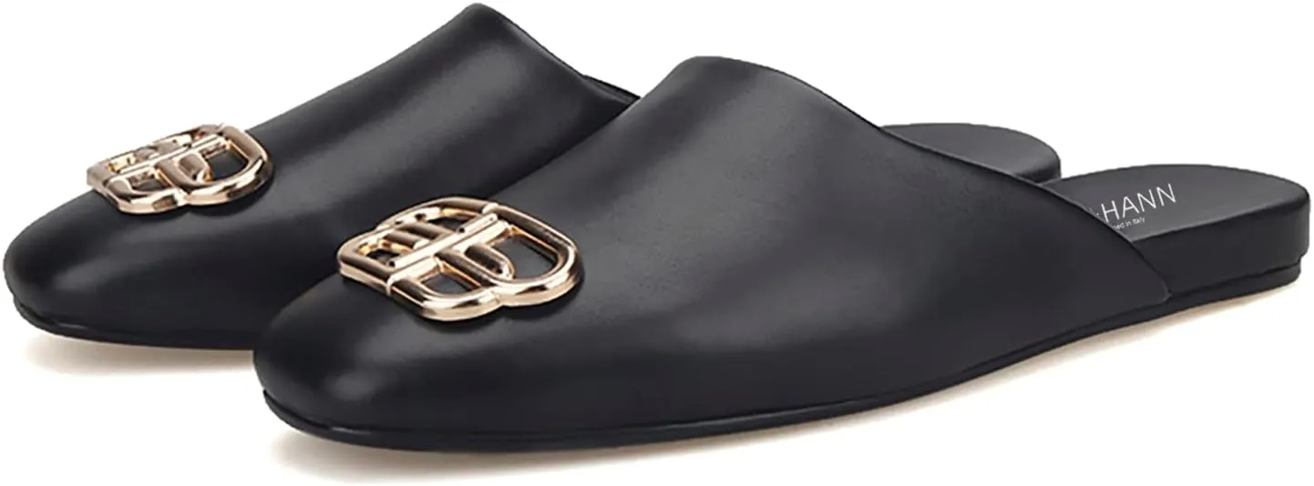 HI&HANN Handcrafted Black Calfskin Men's Mules British Style Luxurious Metal Buckle Men Slippers Party and Dress Sandal