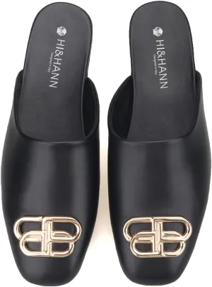 HI&HANN Handcrafted Black Calfskin Men's Mules British Style Luxurious Metal Buckle Men Slippers Party and Dress Sandal