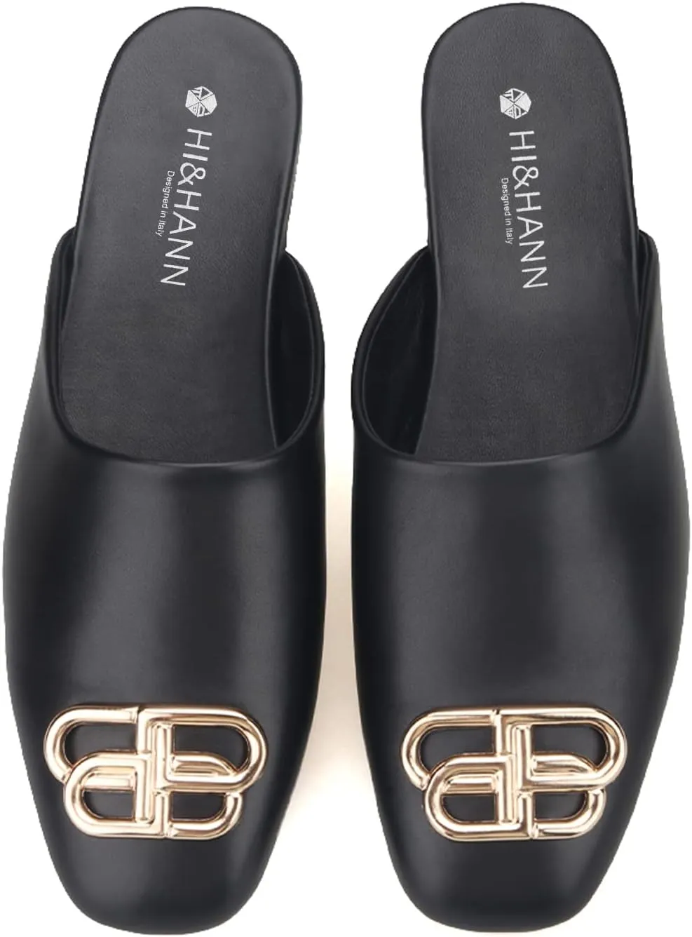 HI&HANN Handcrafted Black Calfskin Men's Mules British Style Luxurious Metal Buckle Men Slippers Party and Dress Sandal