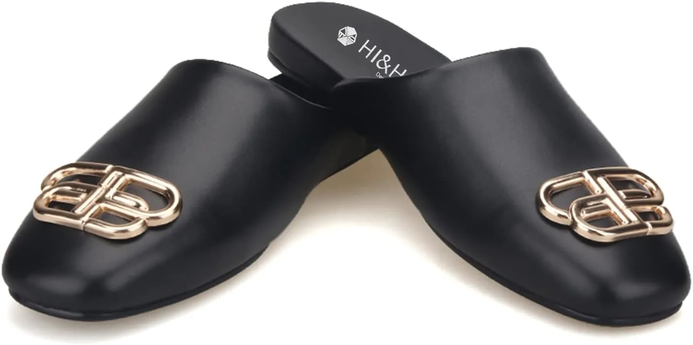 HI&HANN Handcrafted Black Calfskin Men's Mules British Style Luxurious Metal Buckle Men Slippers Party and Dress Sandal