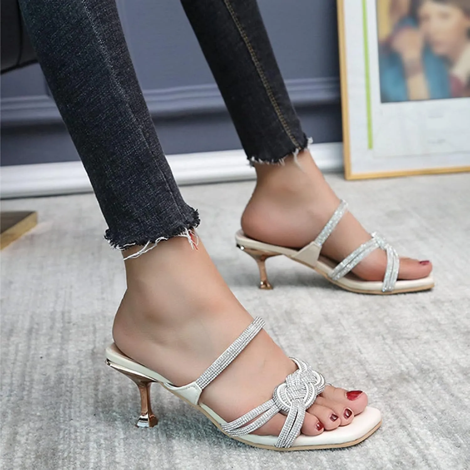 High Heel Sandals for Women Open Toe Square Toe Strappy Ankle Strap Chunky Heel Dress Shoes
