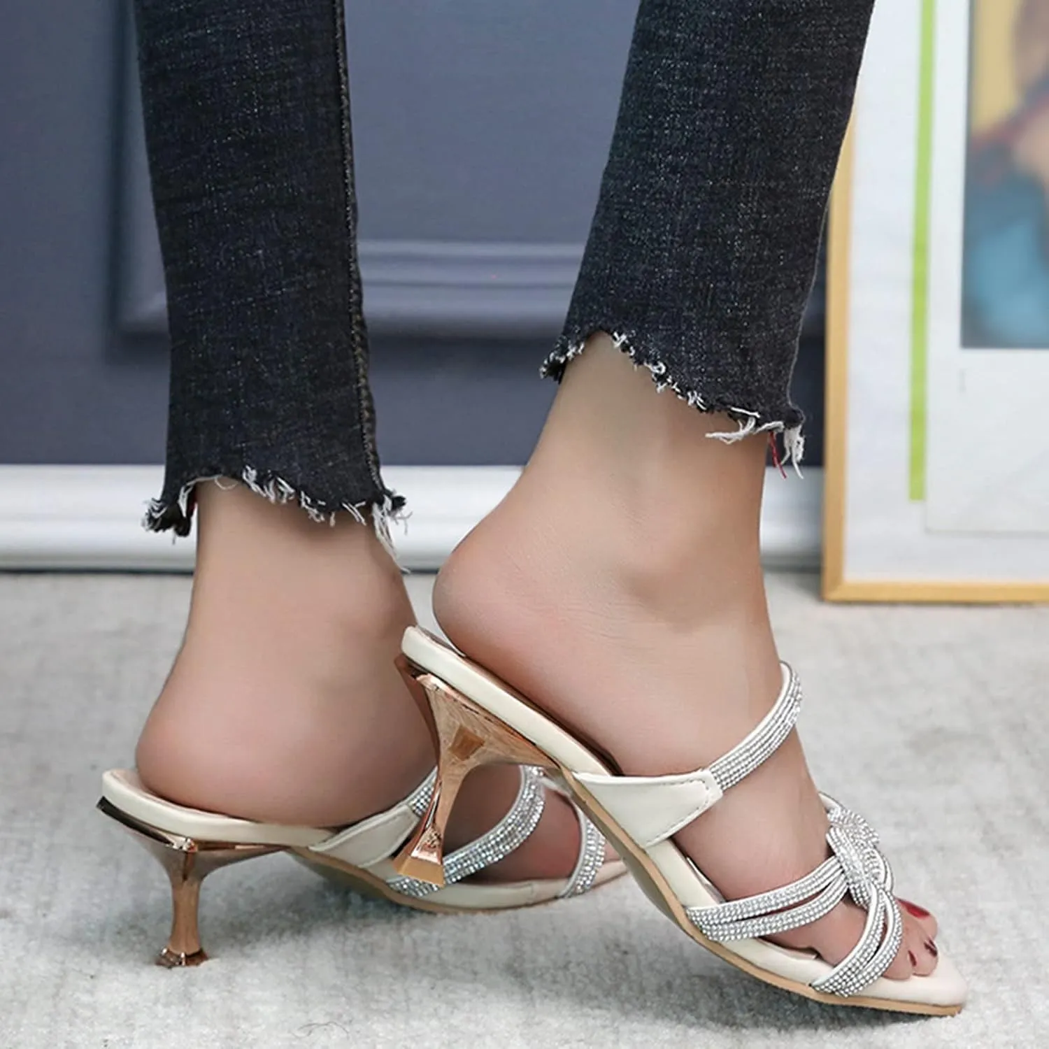 High Heel Sandals for Women Open Toe Square Toe Strappy Ankle Strap Chunky Heel Dress Shoes
