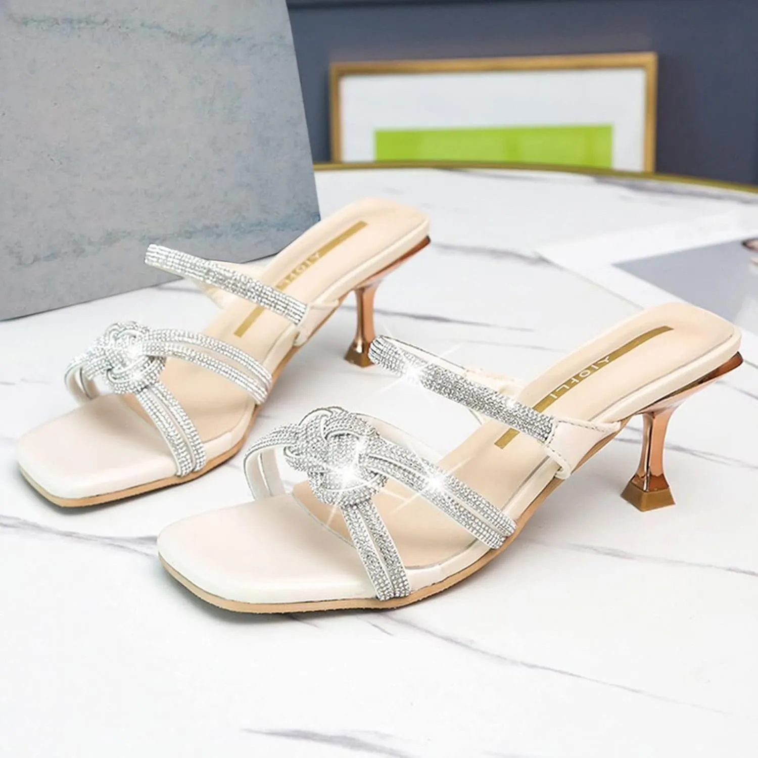 High Heel Sandals for Women Open Toe Square Toe Strappy Ankle Strap Chunky Heel Dress Shoes