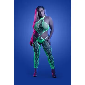 High Voltage UV Reactive High Neck Bodystocking & G-String - Queen Size