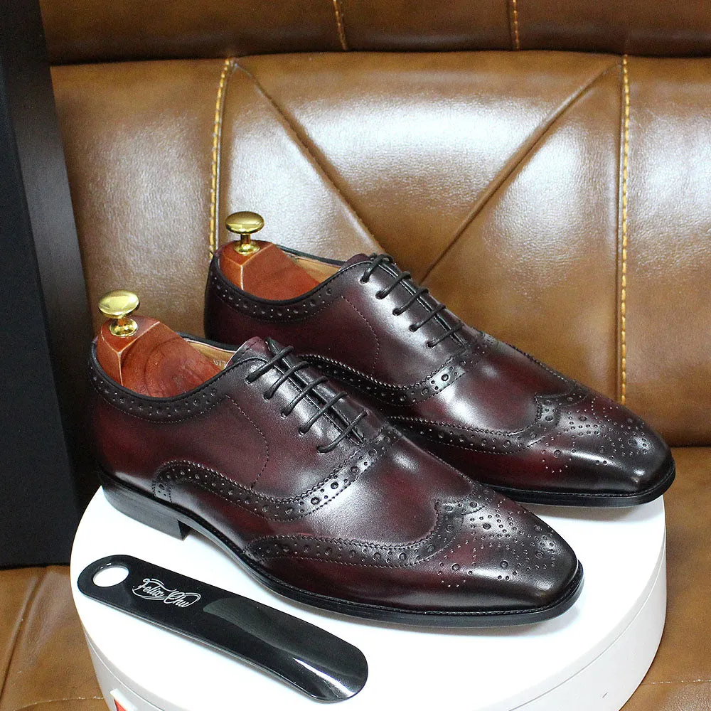 Hnzxzm Big Size 6-13 Luxury Men Dress Shoes Genuine Calf Leather Oxford Shoes for Men Wingtip Brogue Comfortable Mens Formal Shoes Male
