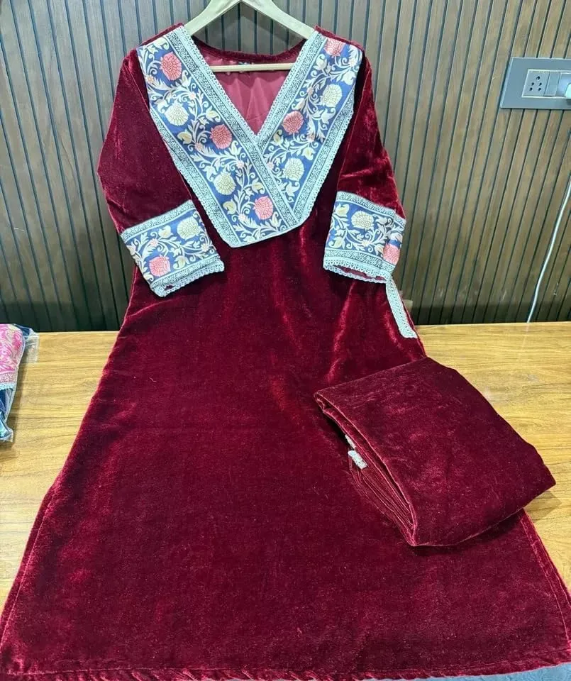 Indian Women Designer Velvet Suit Beautiful Top Tunic Winter Kurti Pant Set.