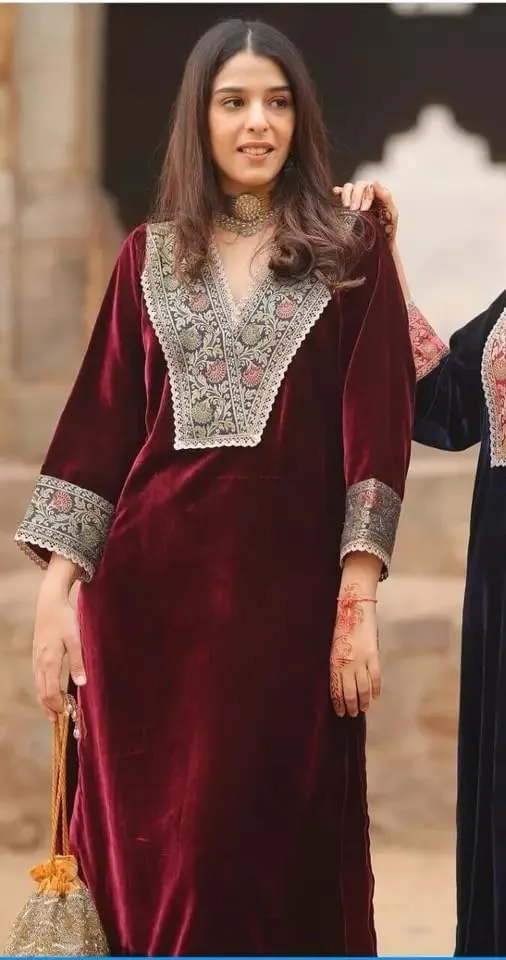 Indian Women Designer Velvet Suit Beautiful Top Tunic Winter Kurti Pant Set.