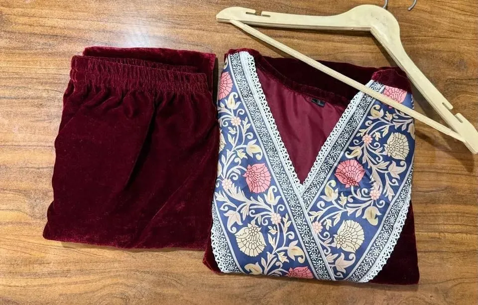 Indian Women Designer Velvet Suit Beautiful Top Tunic Winter Kurti Pant Set.