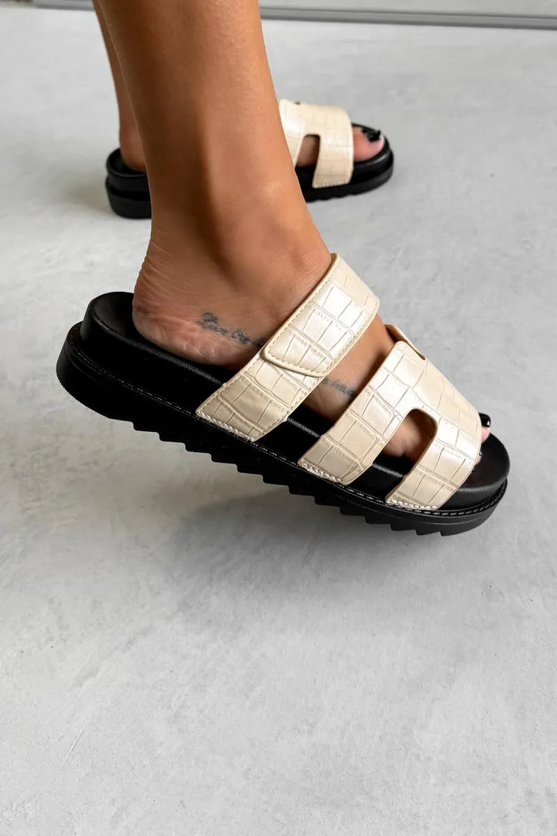INDIE Gladiator Strap Slider Sandals - Beige Croc