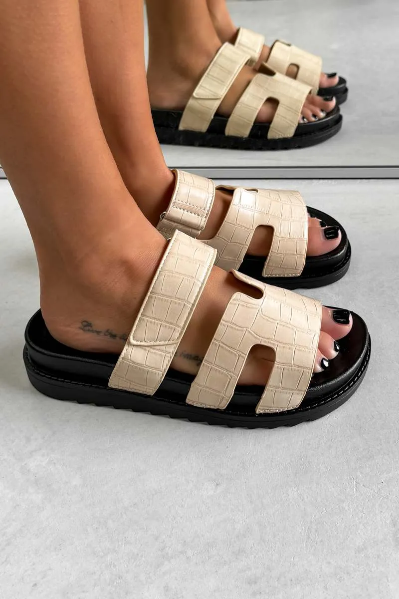 INDIE Gladiator Strap Slider Sandals - Beige Croc
