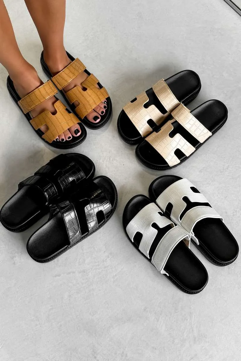 INDIE Gladiator Strap Slider Sandals - Beige Croc