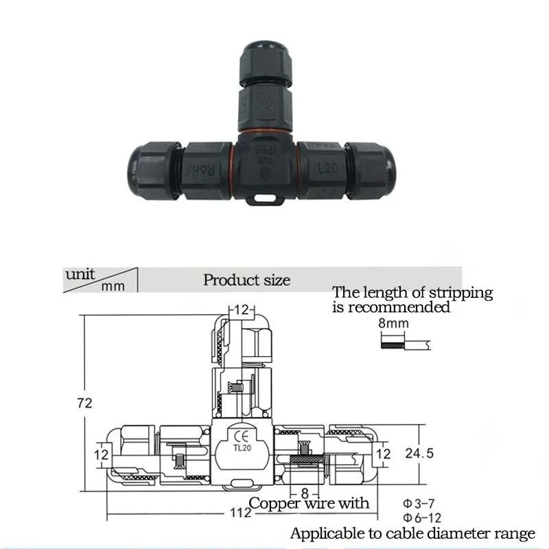 IP68 Waterproof Connector T-Type TL20 2/3 Pin Electrical Terminal Adapter Wire Connector