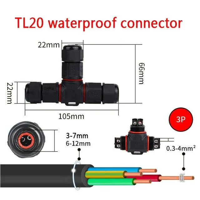 IP68 Waterproof Connector T-Type TL20 2/3 Pin Electrical Terminal Adapter Wire Connector