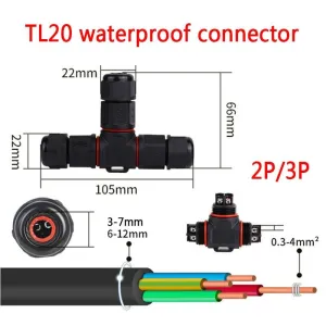 IP68 Waterproof Connector T-Type TL20 2/3 Pin Electrical Terminal Adapter Wire Connector