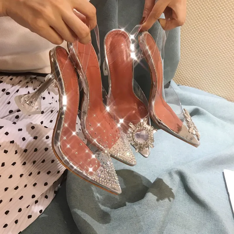 KAMUCC Luxury Bling Pointed Toe Transparent High Heel Ankle Anchor Strap Shoes