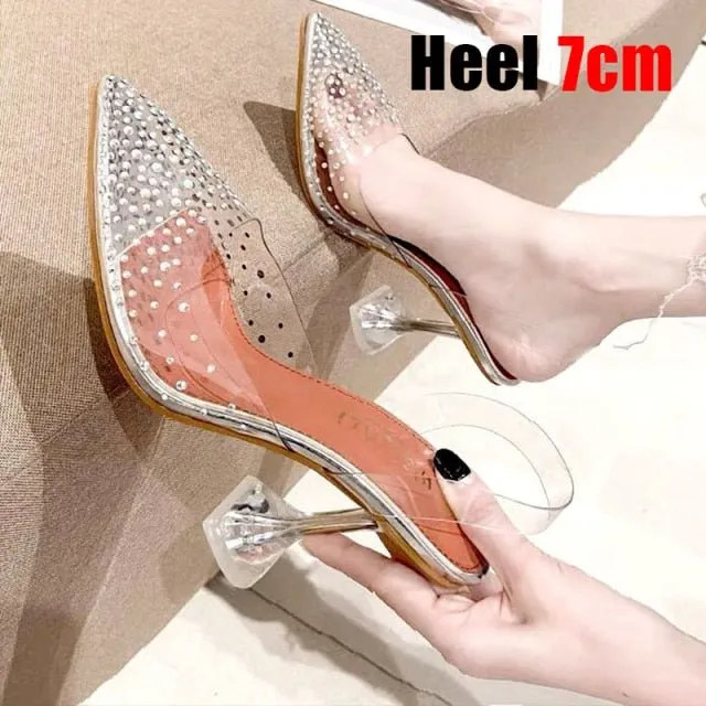KAMUCC Luxury Bling Pointed Toe Transparent High Heel Ankle Anchor Strap Shoes
